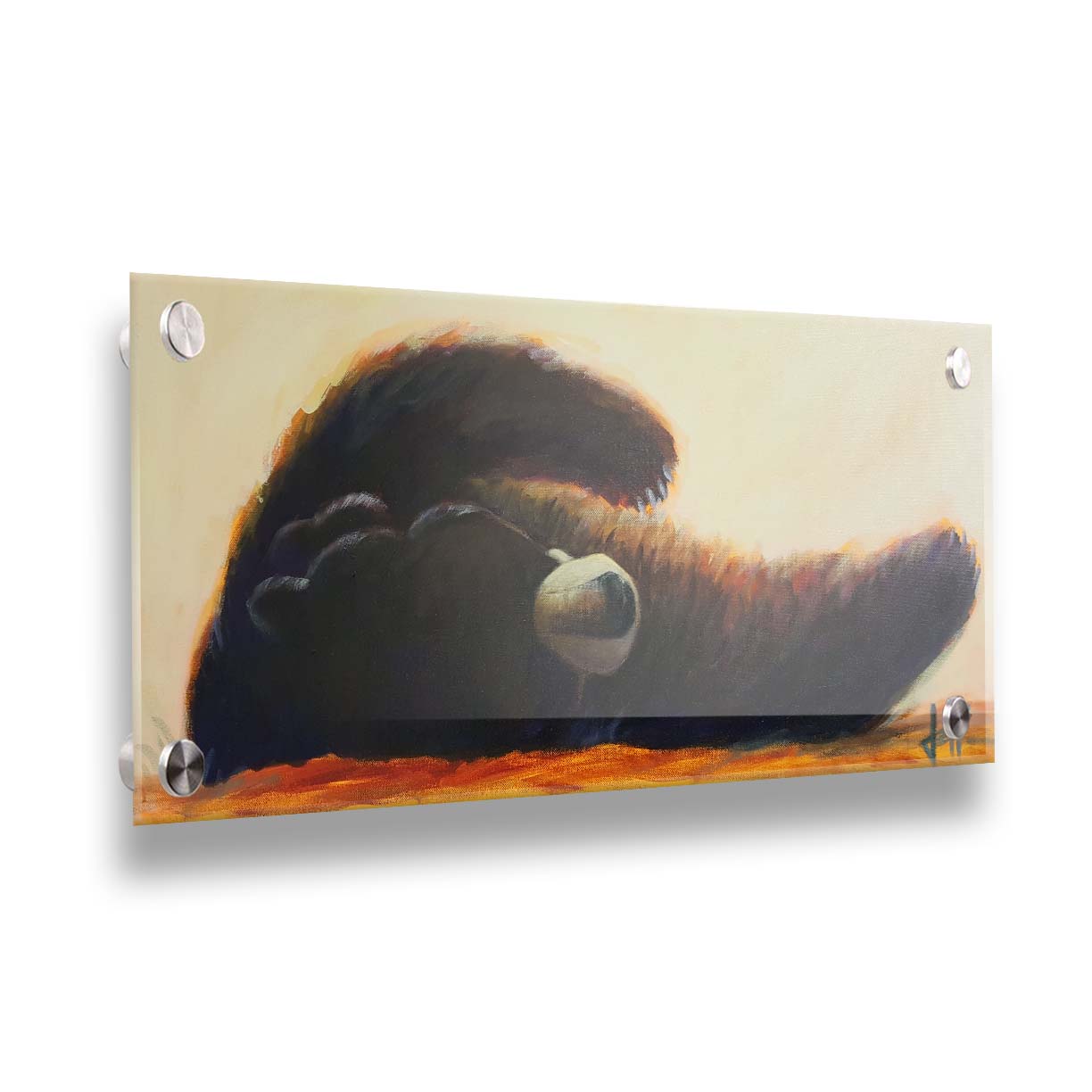 A painting of a fluffy brown bear rolled onto its back, arms outstretched, against a light neutral background. Printed on acrylic.