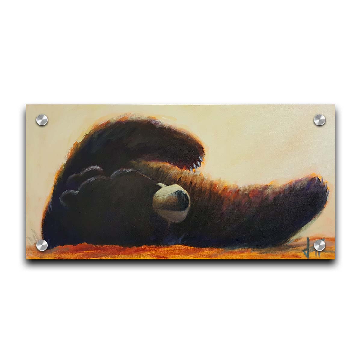 A painting of a fluffy brown bear rolled onto its back, arms outstretched, against a light neutral background. Printed on acrylic.