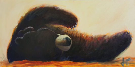 A painting of a fluffy brown bear rolled onto its back, arms outstretched, against a light neutral background.