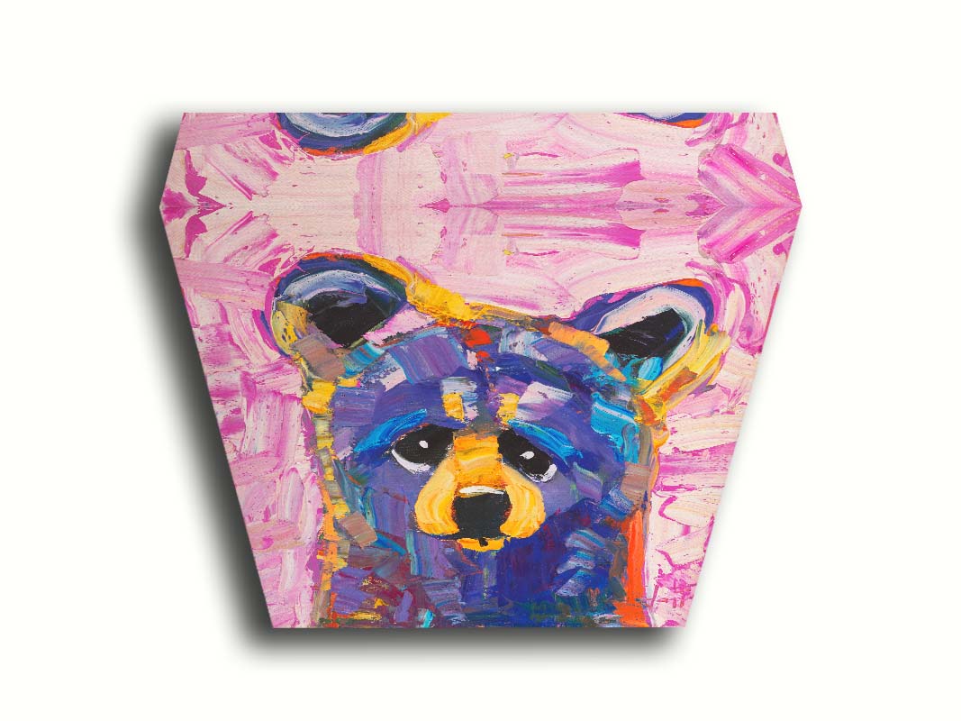 An impasto painting of a simplified, stylized bear in purples and pinks, accented with yellows in large, energetic brushstrokes. Printed on canvas.