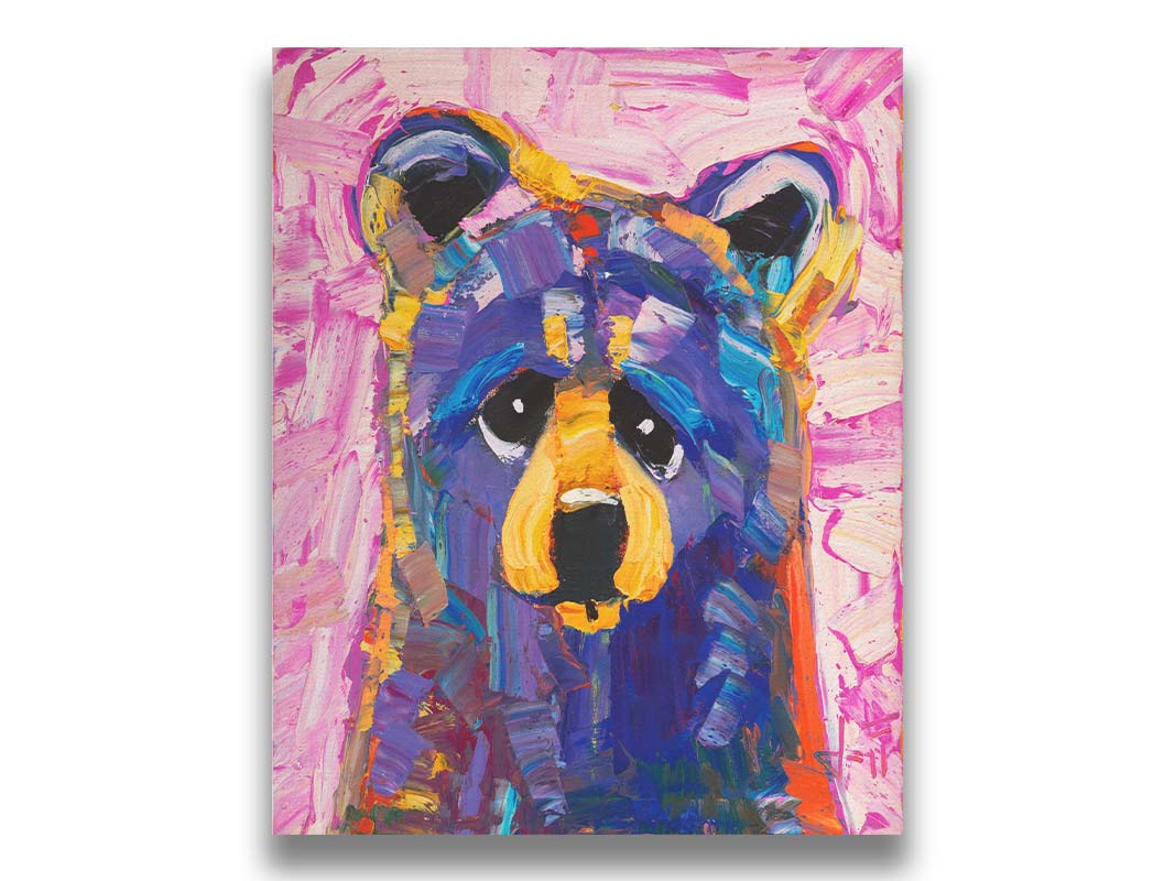 An impasto painting of a simplified, stylized bear in purples and pinks, accented with yellows in large, energetic brushstrokes. Printed on canvas.