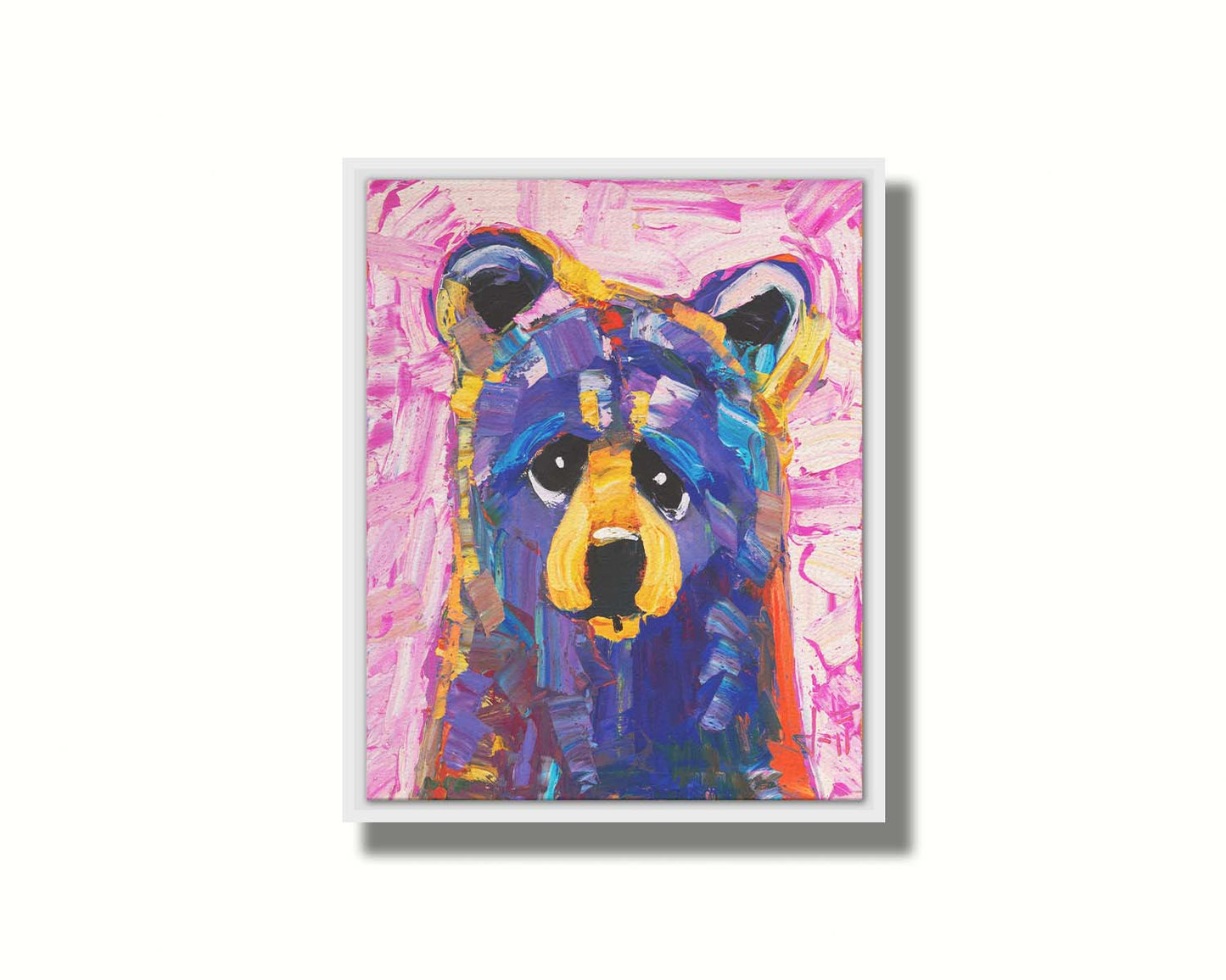 An impasto painting of a simplified, stylized bear in purples and pinks, accented with yellows in large, energetic brushstrokes. Printed on canvas in a float frame.