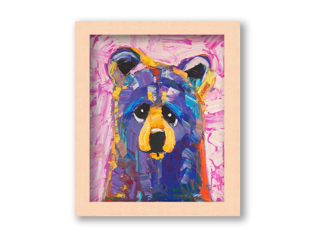 An impasto painting of a simplified, stylized bear in purples and pinks, accented with yellows in large, energetic brushstrokes. Printed on canvas and framed.