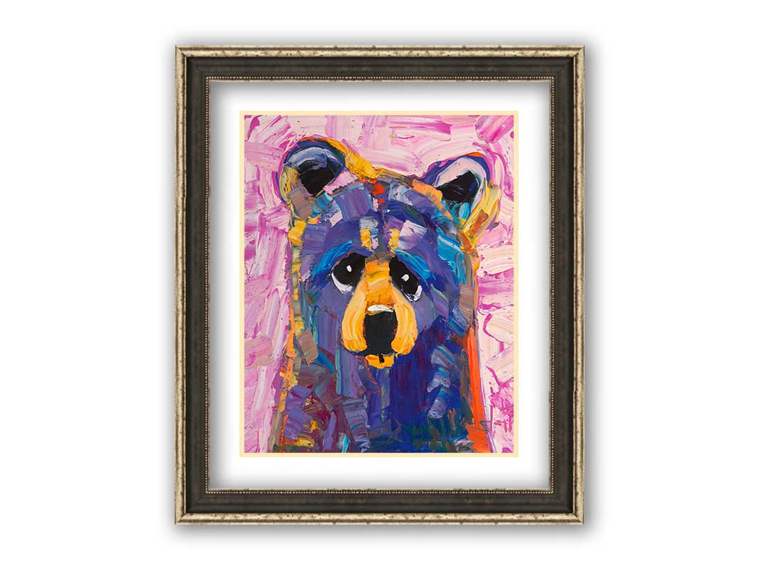 An impasto painting of a simplified, stylized bear in purples and pinks, accented with yellows in large, energetic brushstrokes. Printed on paper, matted, and framed.