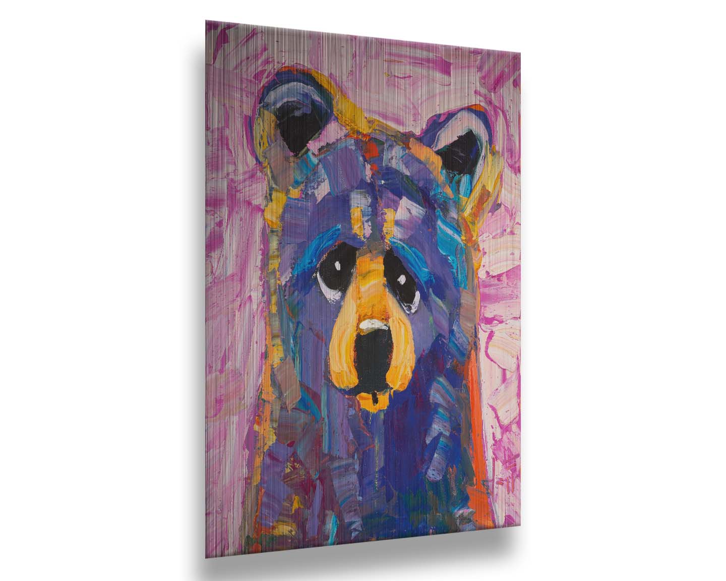 An impasto painting of a simplified, stylized bear in purples and pinks, accented with yellows in large, energetic brushstrokes. Printed on metal.