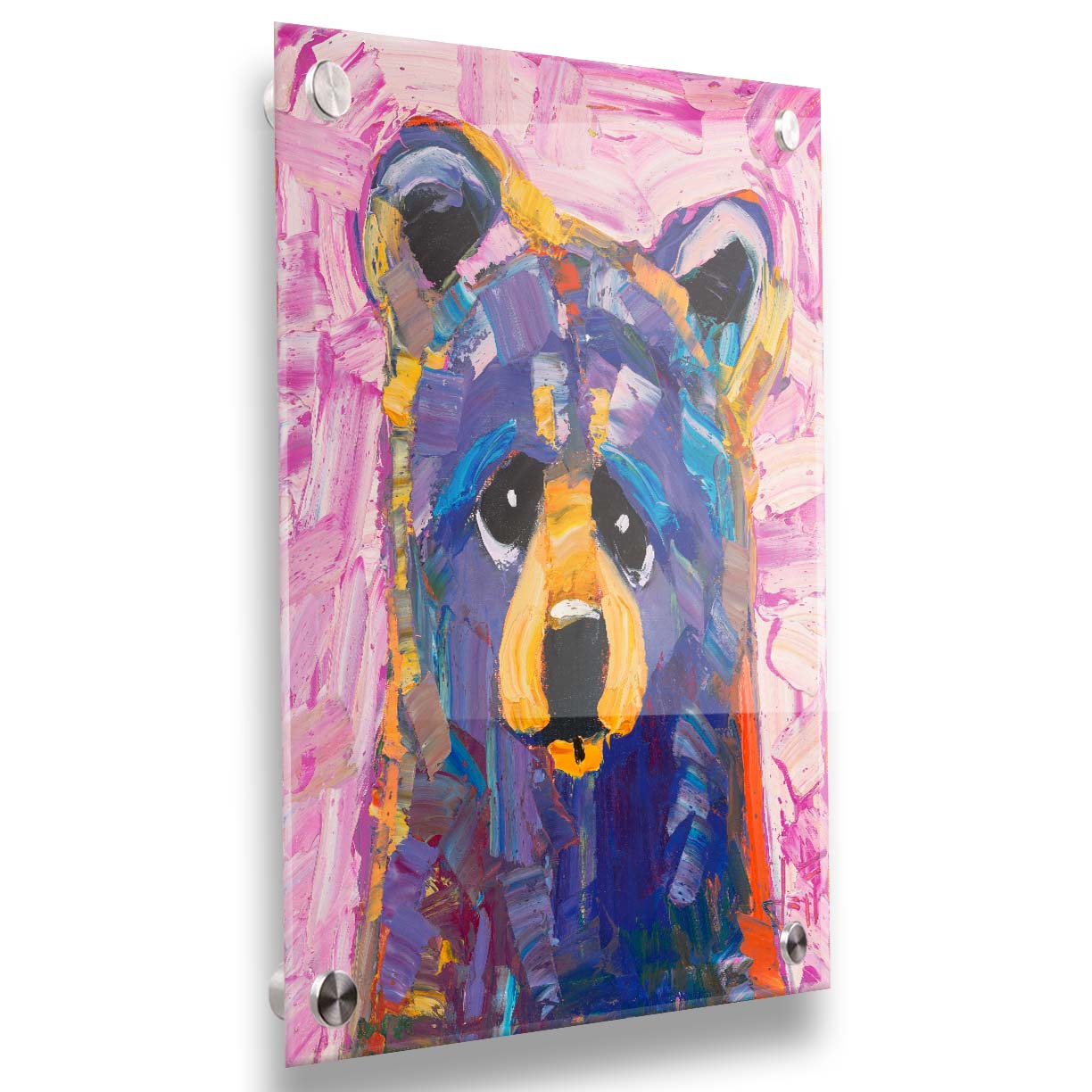 An impasto painting of a simplified, stylized bear in purples and pinks, accented with yellows in large, energetic brushstrokes. Printed on acrylic.