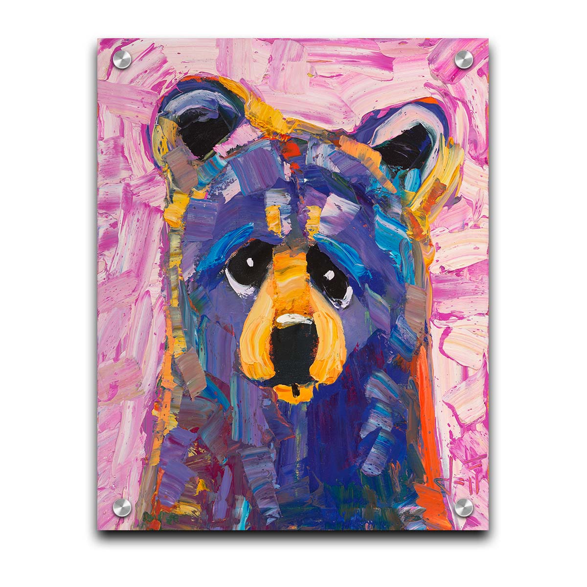 An impasto painting of a simplified, stylized bear in purples and pinks, accented with yellows in large, energetic brushstrokes. Printed on acrylic.