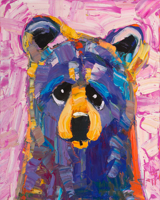 An impasto painting of a simplified, stylized bear in purples and pinks, accented with yellows in large, energetic brushstrokes. 