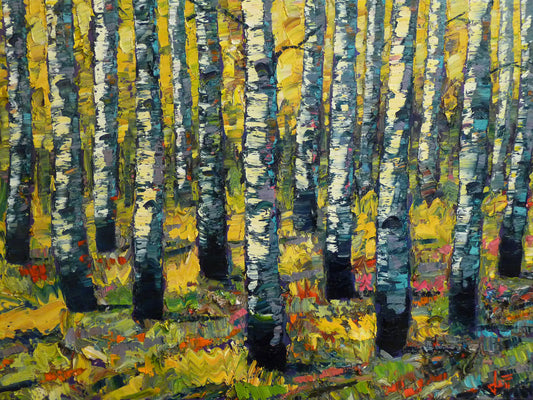 An impasto painting of a birch forest with thick brushstrokes of paint in organic, textured shapes. 