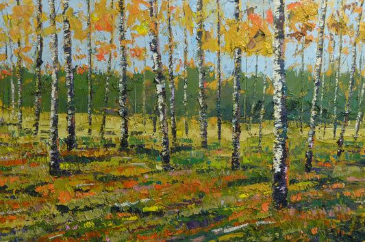 A textured impasto painting of a fall birch forest, where orange and yellow leaves dance in the breeze, contrasted by an evergreen forest on the horizon. 