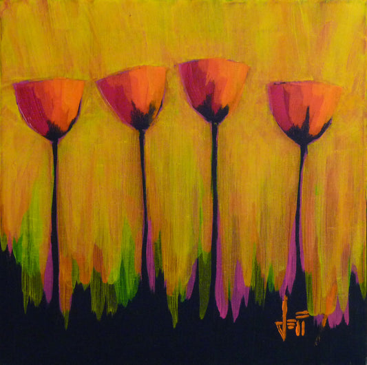 A painting of a line of four stylized, simplified red flowers with cup-like heads and straight, blue-black stems, set against a vibrant yellow background.