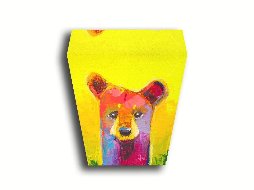 A painting of a simplified, stylized bear in vibrant pink and purple hues against a bold yellow backdrop. Printed on canvas.