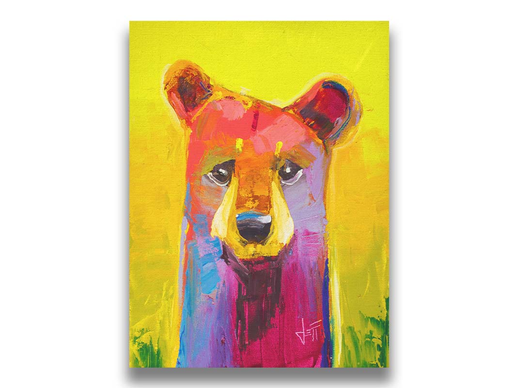 A painting of a simplified, stylized bear in vibrant pink and purple hues against a bold yellow backdrop. Printed on canvas.