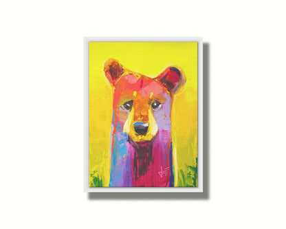 A painting of a simplified, stylized bear in vibrant pink and purple hues against a bold yellow backdrop. Printed on canvas in a float frame.