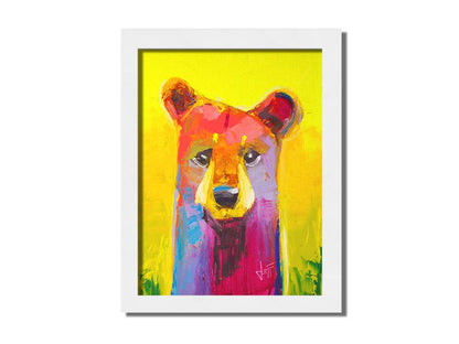 A painting of a simplified, stylized bear in vibrant pink and purple hues against a bold yellow backdrop. Printed on canvas and framed.