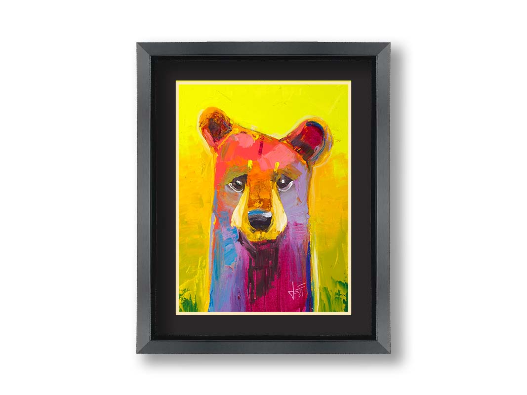 A painting of a simplified, stylized bear in vibrant pink and purple hues against a bold yellow backdrop. Printed on paper, matted, and framed.