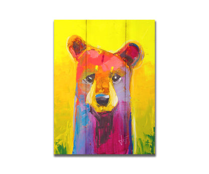 A painting of a simplified, stylized bear in vibrant pink and purple hues against a bold yellow backdrop. Printed on a box board.