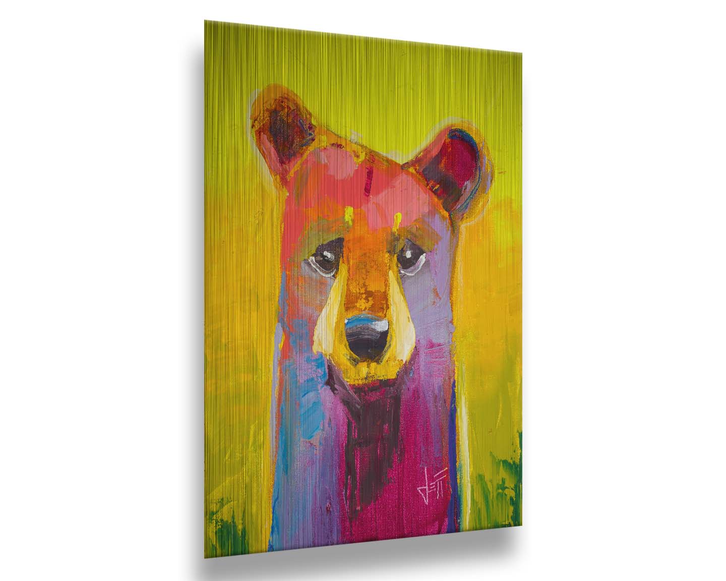 A painting of a simplified, stylized bear in vibrant pink and purple hues against a bold yellow backdrop. Printed on metal.