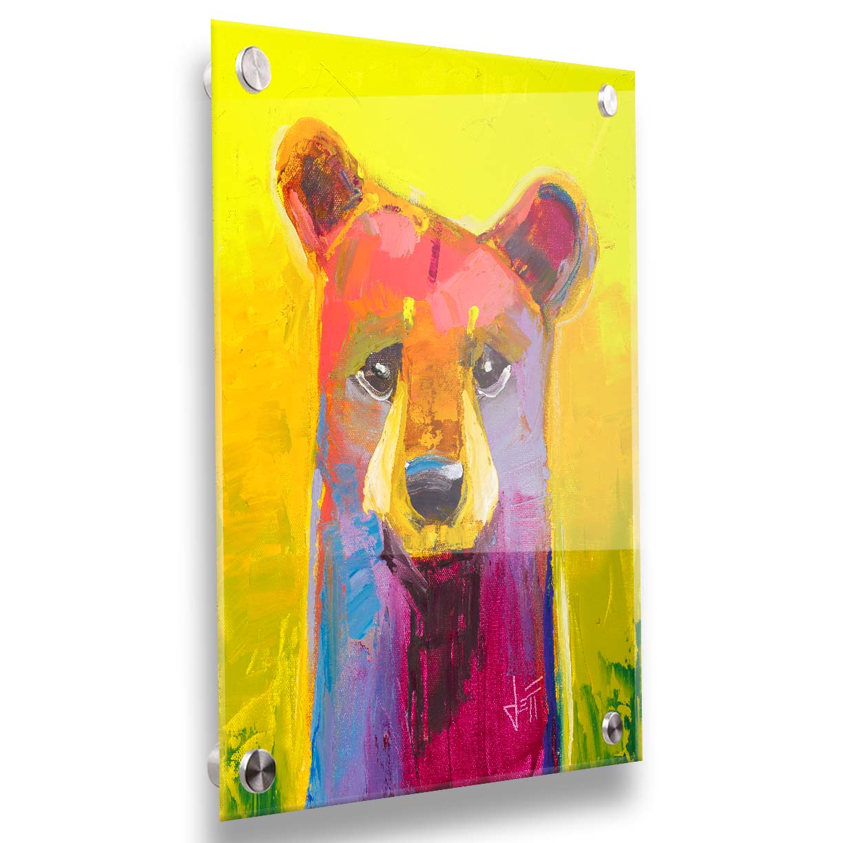 A painting of a simplified, stylized bear in vibrant pink and purple hues against a bold yellow backdrop. Printed on acrylic.