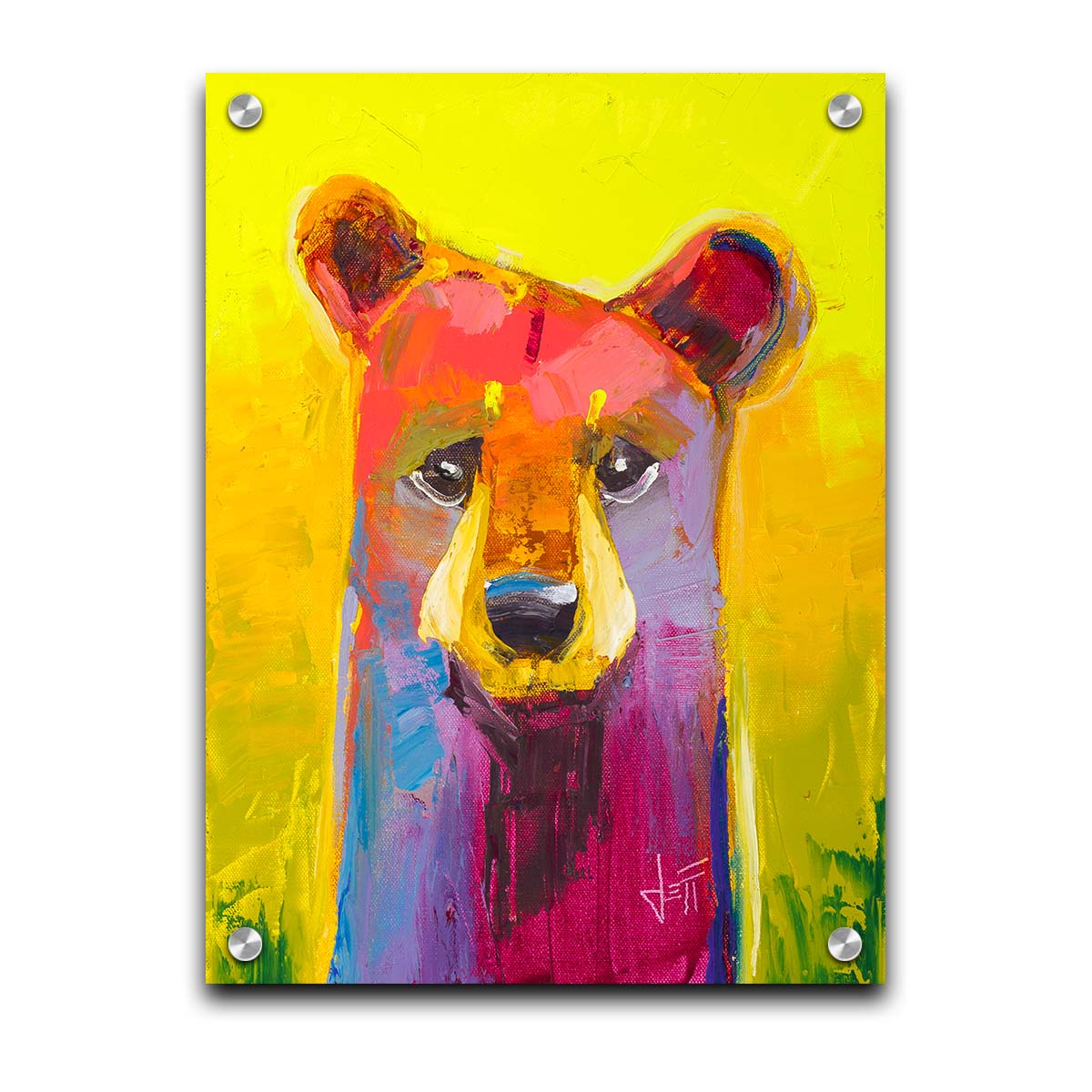 A painting of a simplified, stylized bear in vibrant pink and purple hues against a bold yellow backdrop. Printed on acrylic.