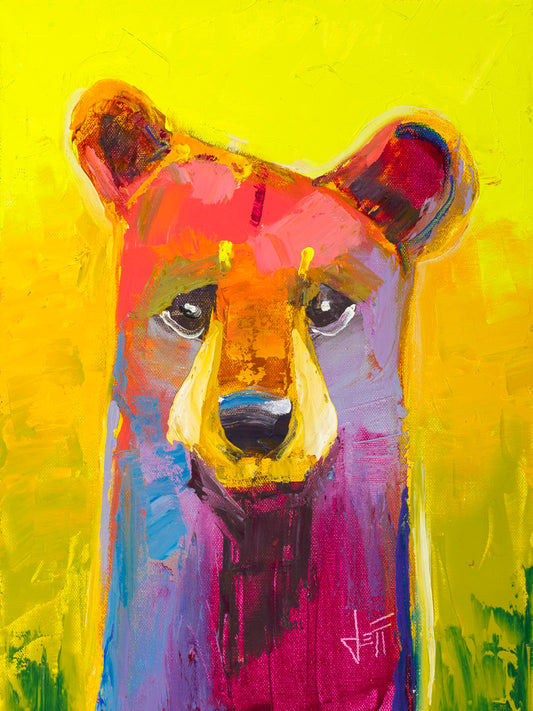 A painting of a simplified, stylized bear in vibrant pink and purple hues against a bold yellow backdrop. 