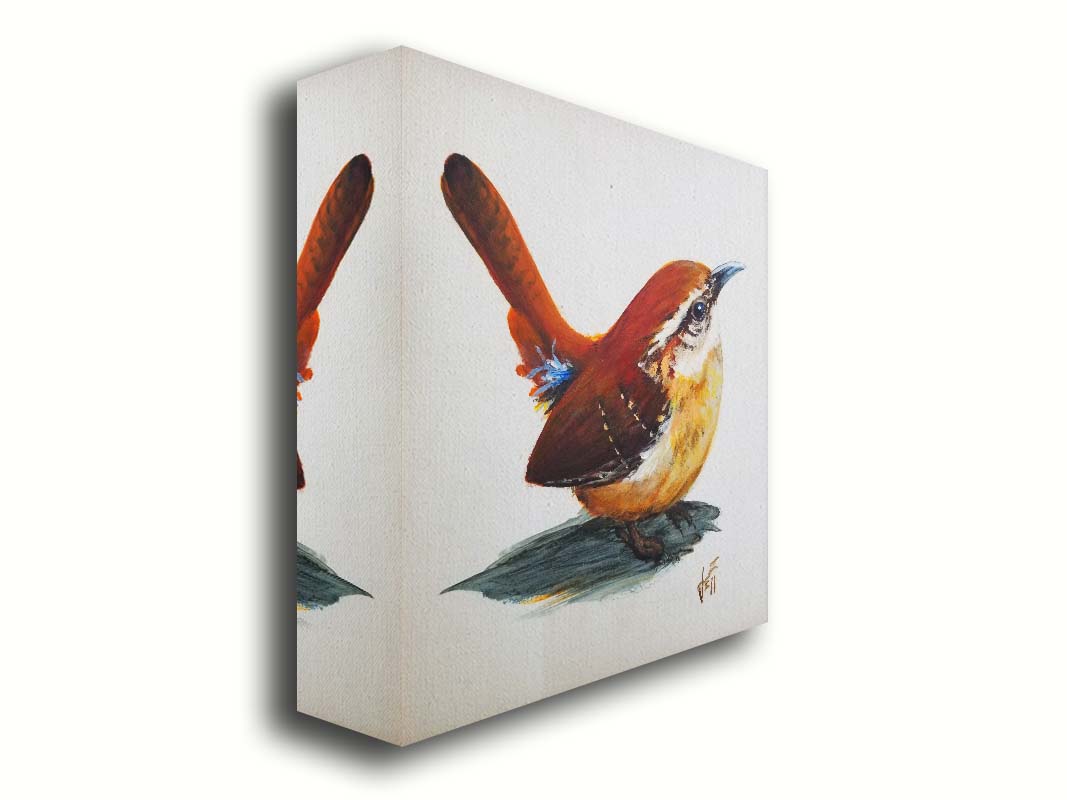 A painting of a Carolina wren bird with warm brown feathers against a white background. Printed on canvas.