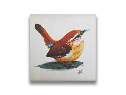 A painting of a Carolina wren bird with warm brown feathers against a white background. Printed on canvas.