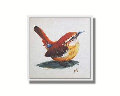 A painting of a Carolina wren bird with warm brown feathers against a white background. Printed on canvas in a float frame.