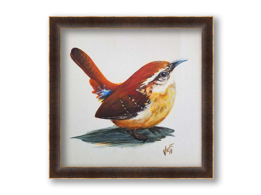 A painting of a Carolina wren bird with warm brown feathers against a white background. Printed on canvas and framed.