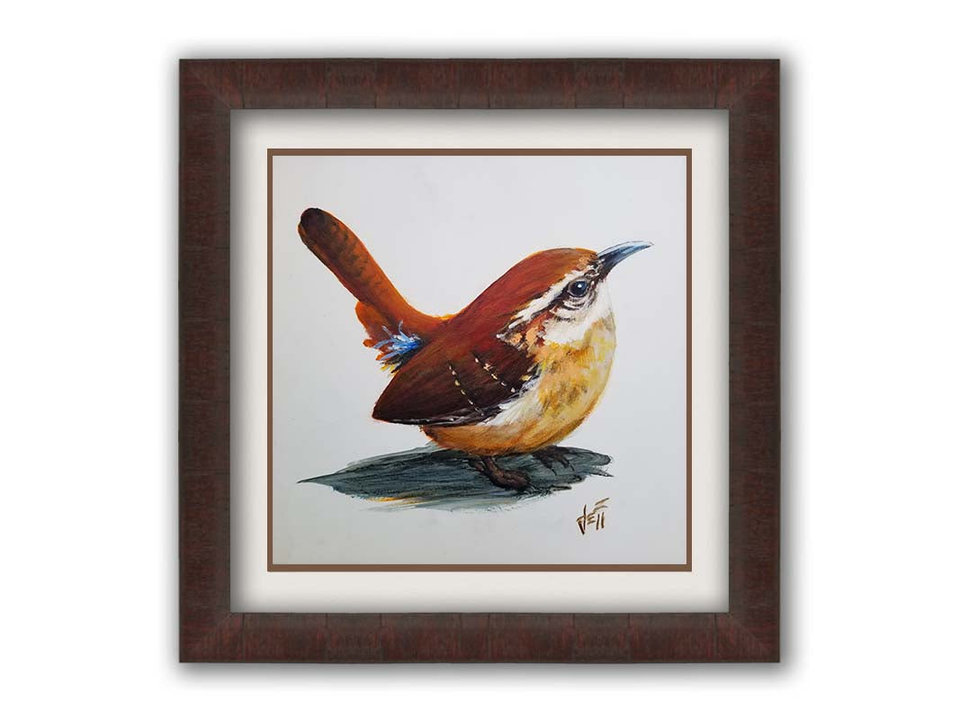 A painting of a Carolina wren bird with warm brown feathers against a white background. Printed on paper, matted, and framed.