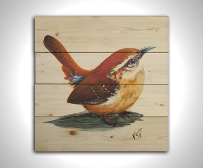 A painting of a Carolina wren bird with warm brown feathers against a white background. Printed on a wood pallet.