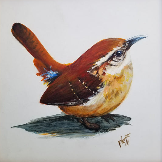 A painting of a Carolina wren bird with warm brown feathers against a white background. 