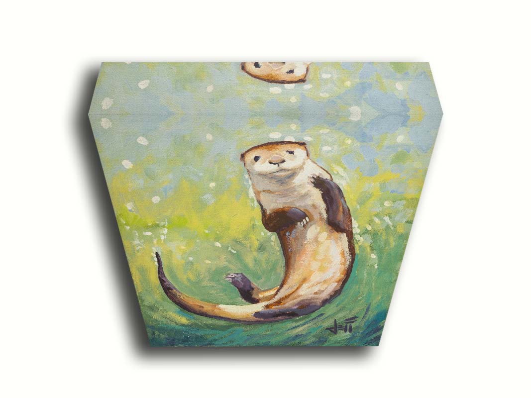 A painting of an otter gliding gracefully in shimmering green waters, its soft brown fur highlighted with a drybrush technique. Printed on canvas.