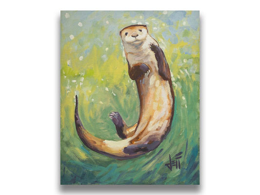 A painting of an otter gliding gracefully in shimmering green waters, its soft brown fur highlighted with a drybrush technique. Printed on canvas.