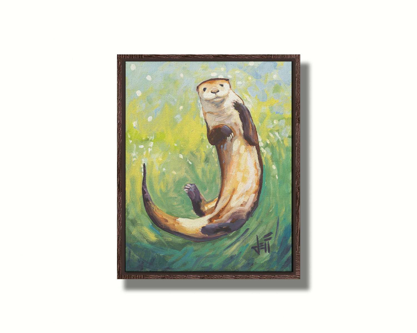 A painting of an otter gliding gracefully in shimmering green waters, its soft brown fur highlighted with a drybrush technique. Printed on canvas in a float frame.