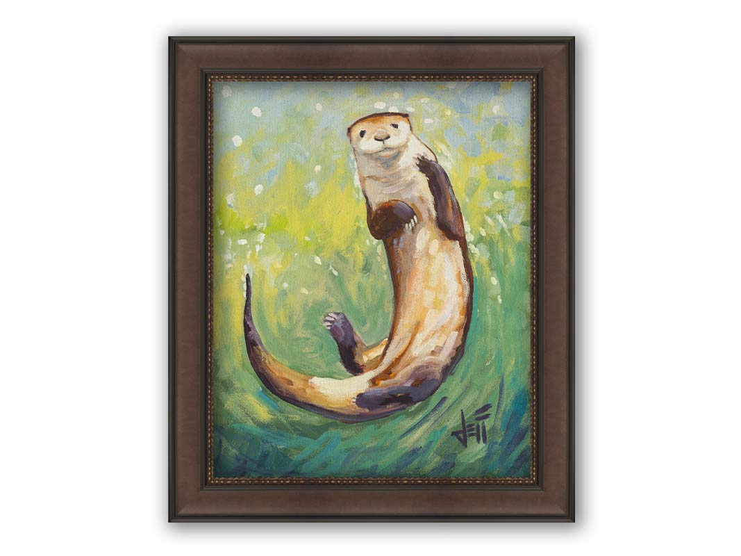 A painting of an otter gliding gracefully in shimmering green waters, its soft brown fur highlighted with a drybrush technique. Printed on canvas and framed.