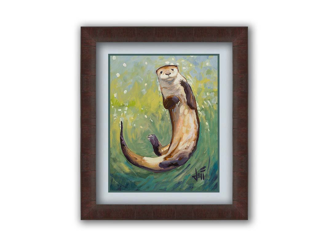 A painting of an otter gliding gracefully in shimmering green waters, its soft brown fur highlighted with a drybrush technique. Printed on paper, matted, and framed.