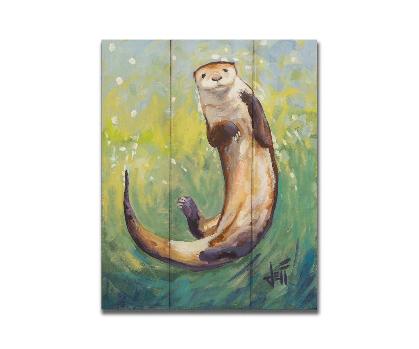 A painting of an otter gliding gracefully in shimmering green waters, its soft brown fur highlighted with a drybrush technique. Printed on a box board.