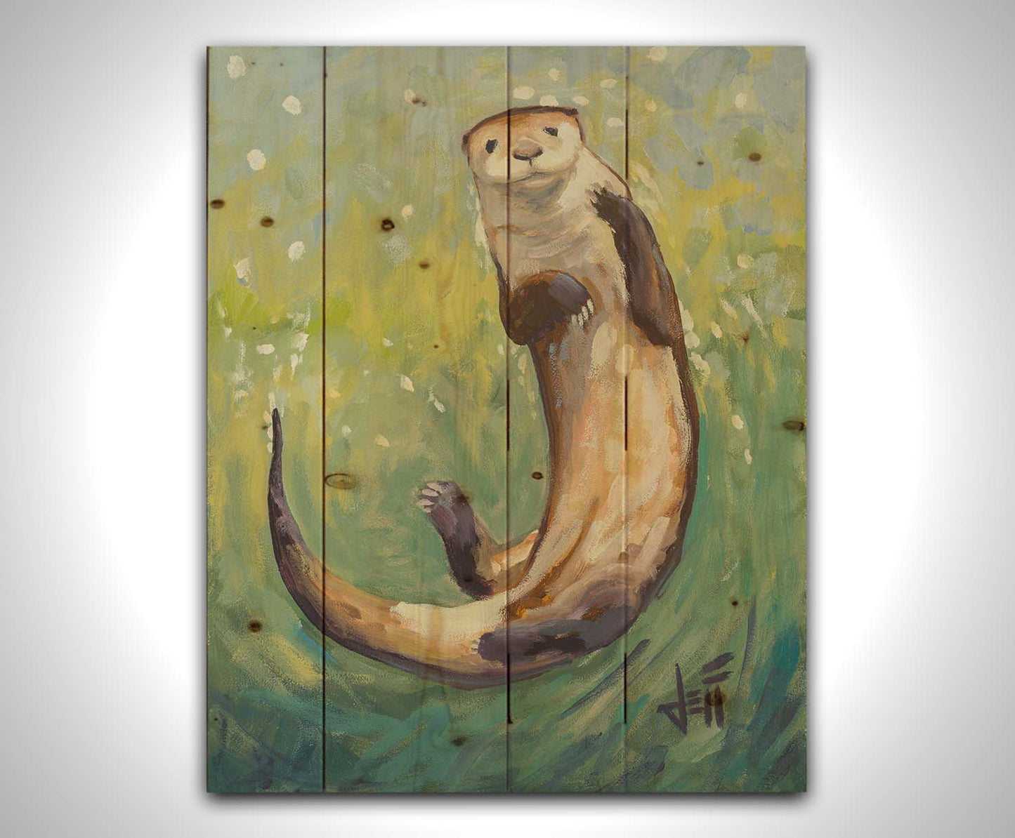 A painting of an otter gliding gracefully in shimmering green waters, its soft brown fur highlighted with a drybrush technique. Printed on a wood pallet.