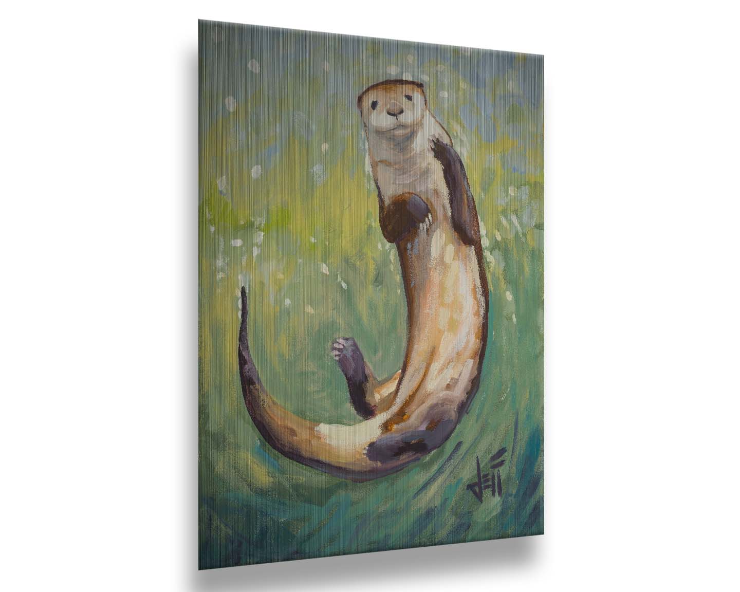 A painting of an otter gliding gracefully in shimmering green waters, its soft brown fur highlighted with a drybrush technique. Printed on metal.