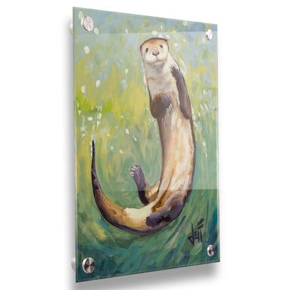 A painting of an otter gliding gracefully in shimmering green waters, its soft brown fur highlighted with a drybrush technique. Printed on acrylic.