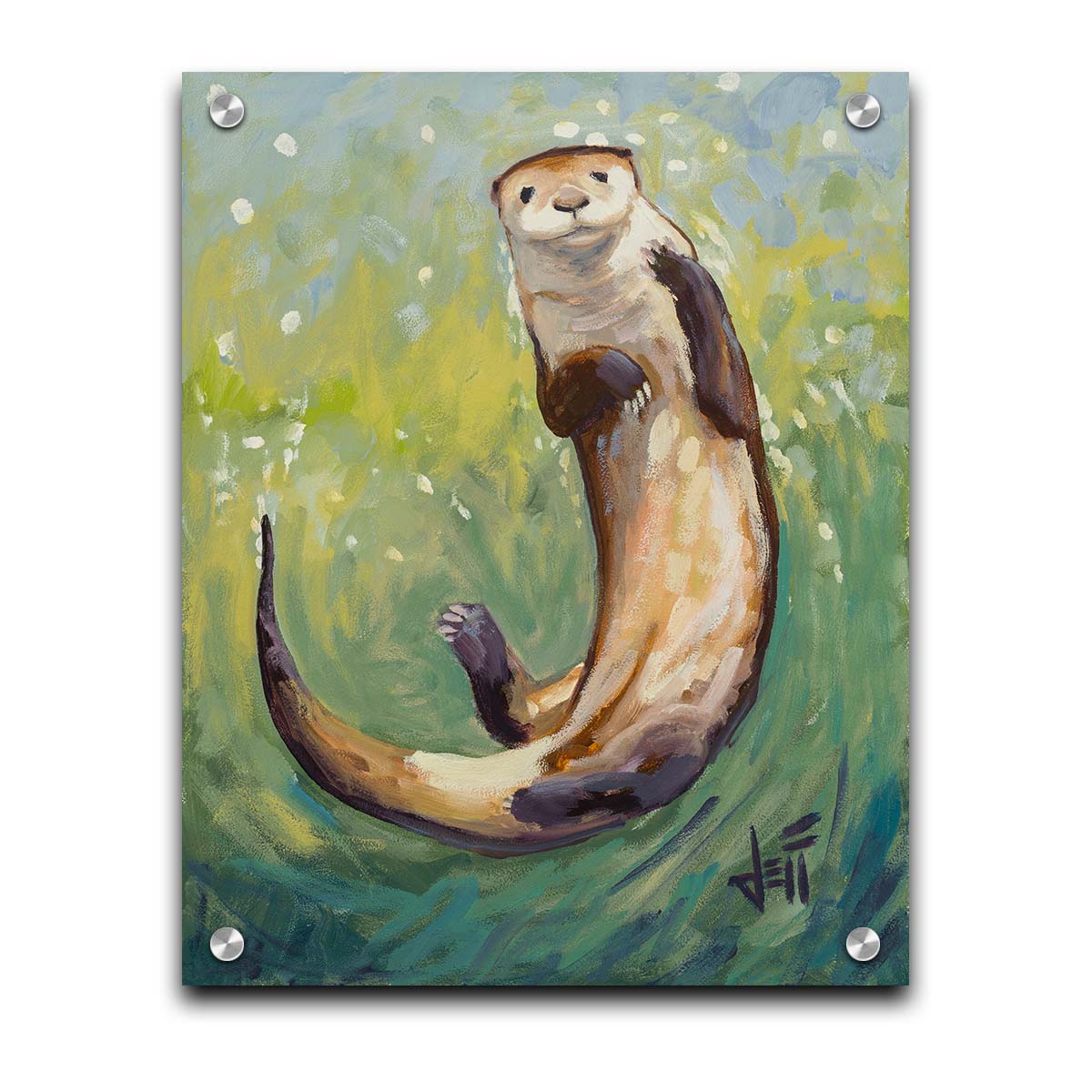 A painting of an otter gliding gracefully in shimmering green waters, its soft brown fur highlighted with a drybrush technique. Printed on acrylic.