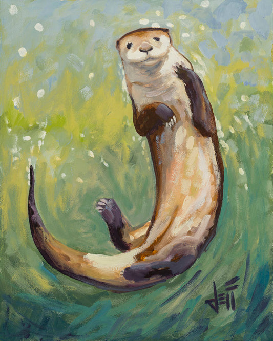A painting of an otter gliding gracefully in shimmering green waters, its soft brown fur highlighted with a drybrush technique.