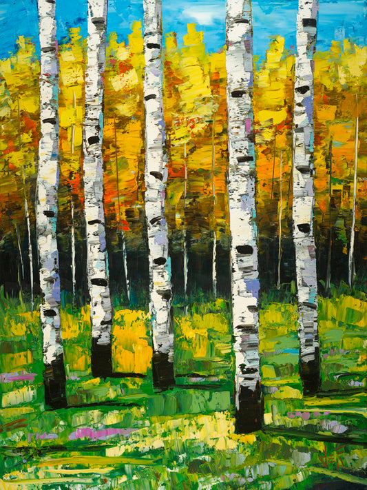 An impasto painting of a birch or aspen forest in fall, with fiery yellow leaves and lush green grass.