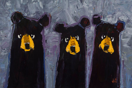 A painting of three black bears in a simplified contemporary style that highlights their shapes against a blue-gray background.