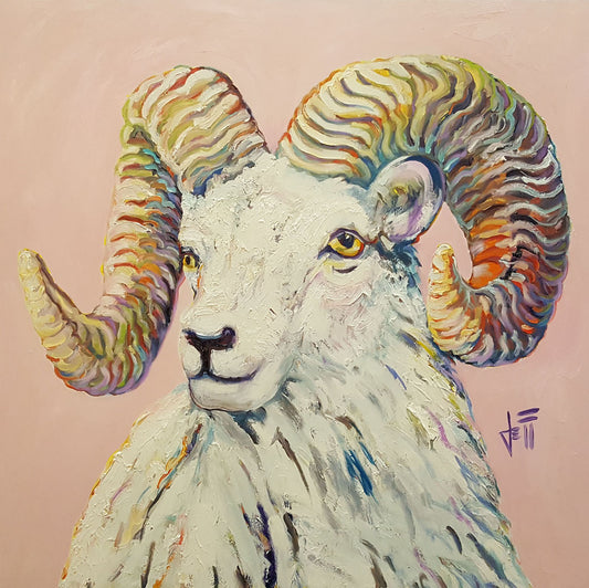 A portrait painting of a ram set against a soft pink backdrop. A vibrant rainbow of colors subtly accent the ram's white fur and beige horns. 