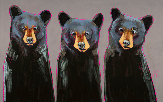 A painting of three black bears against a smooth gray background. The portraits pop out with subtle magenta outlines.