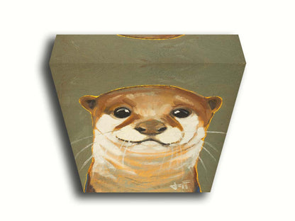 A portrait painting of an adorable otter in natural, warm colors. It has warm white and brown fur and is outlined in yellow, and is set against a desaturated olive green. Printed on canvas.