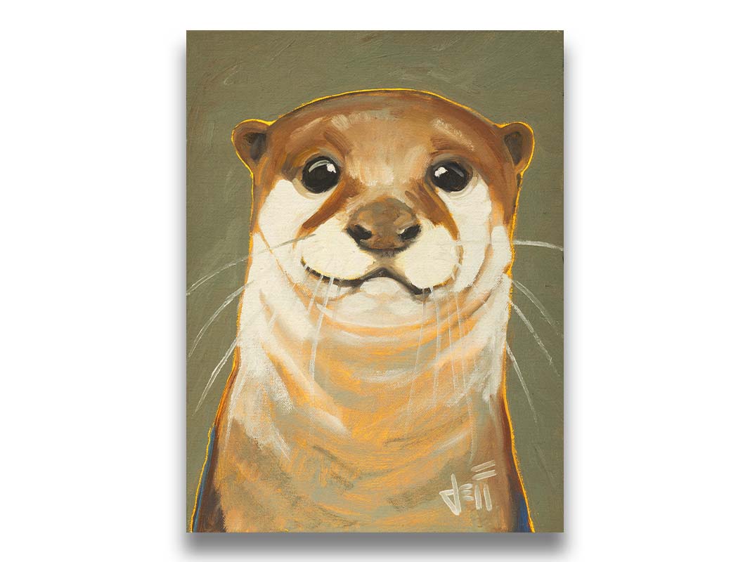 A portrait painting of an adorable otter in natural, warm colors. It has warm white and brown fur and is outlined in yellow, and is set against a desaturated olive green. Printed on canvas.