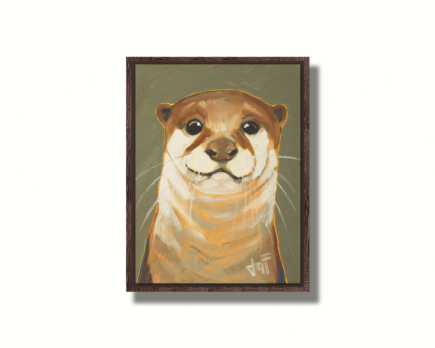 A portrait painting of an adorable otter in natural, warm colors. It has warm white and brown fur and is outlined in yellow, and is set against a desaturated olive green. Printed on canvas in a float frame.